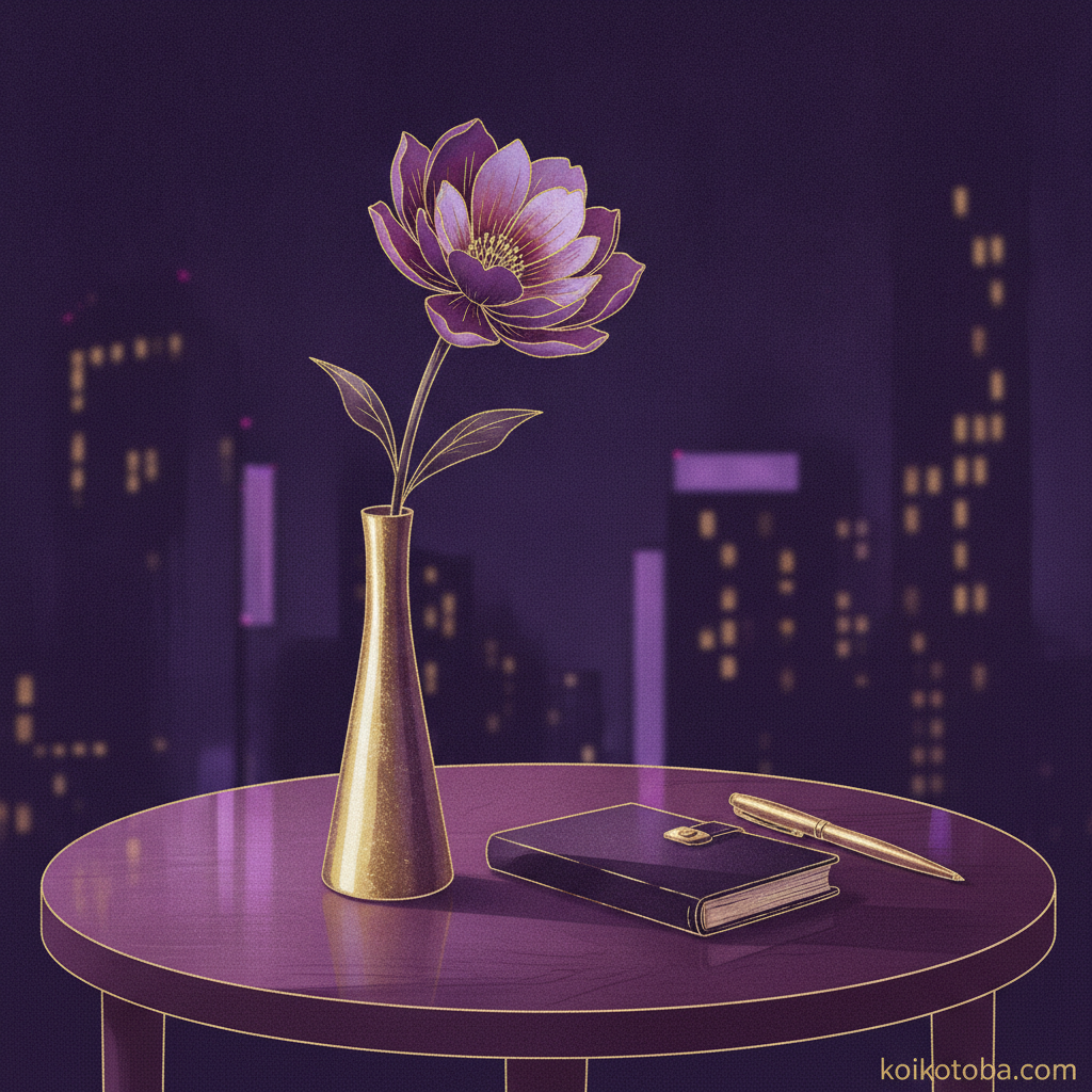 金の花瓶と花とノート——誠実な気持ちを象徴するシックな静物画イメージ