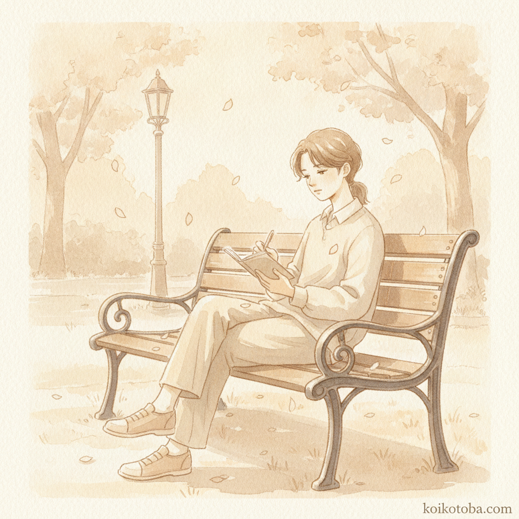夕暮れの公園のベンチで小さなノートに言葉を書き込む人物