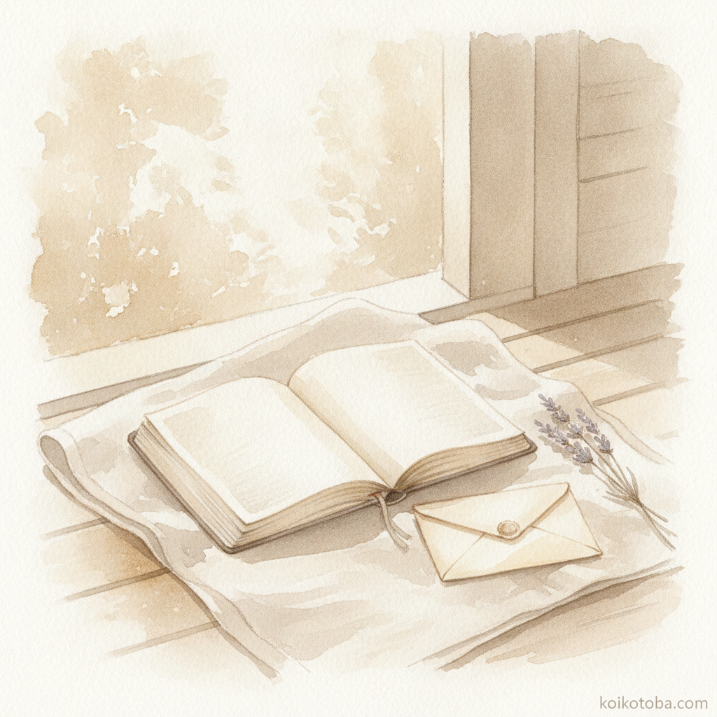 開いた日記と小さな封筒、ラベンダーの小枝が置かれたやわらかい布の上