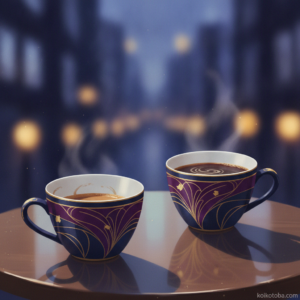 カフェのテーブルに置かれた二つのコーヒーカップ、片方は空で夕暮れの光が差し込む
