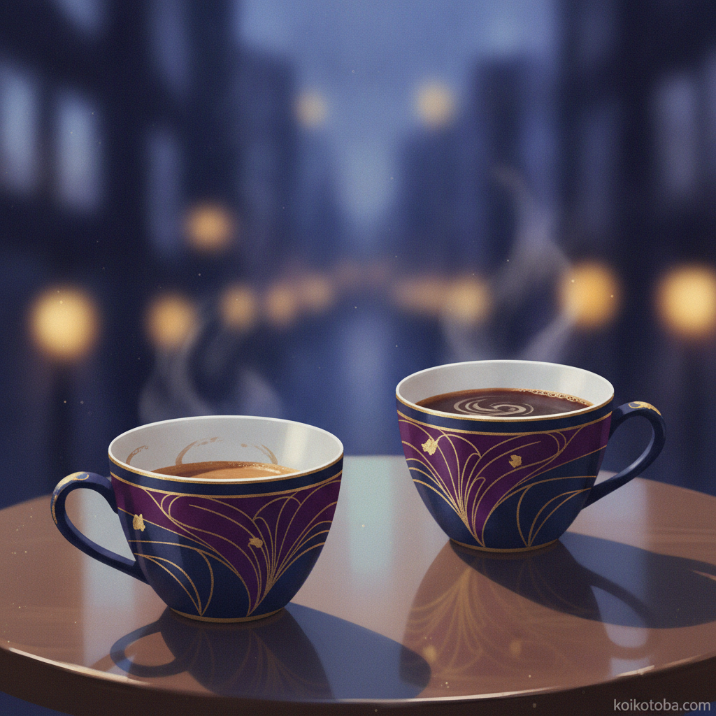 カフェのテーブルに置かれた二つのコーヒーカップ、片方は空で夕暮れの光が差し込む