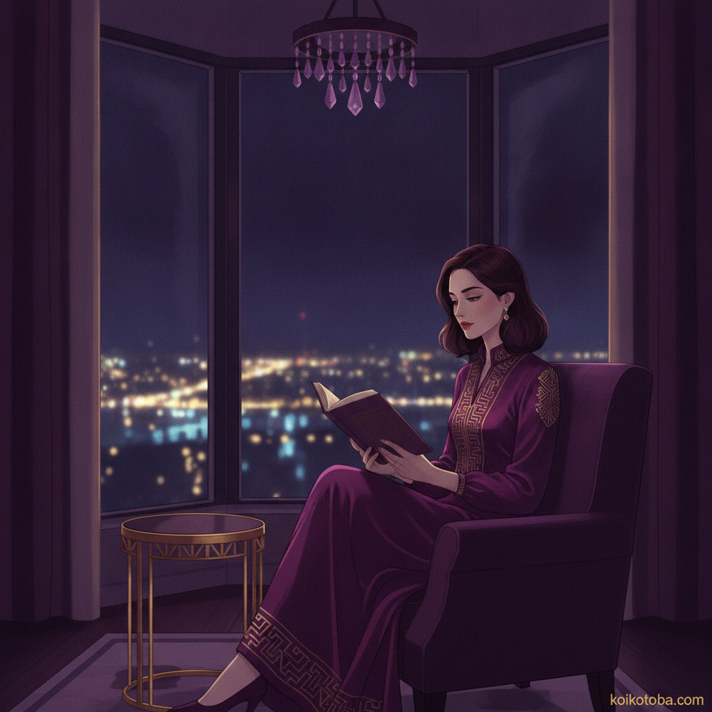 夜景の見える窓辺でスマホではなく本を読む女性、落ち着いた自分軸の雰囲気