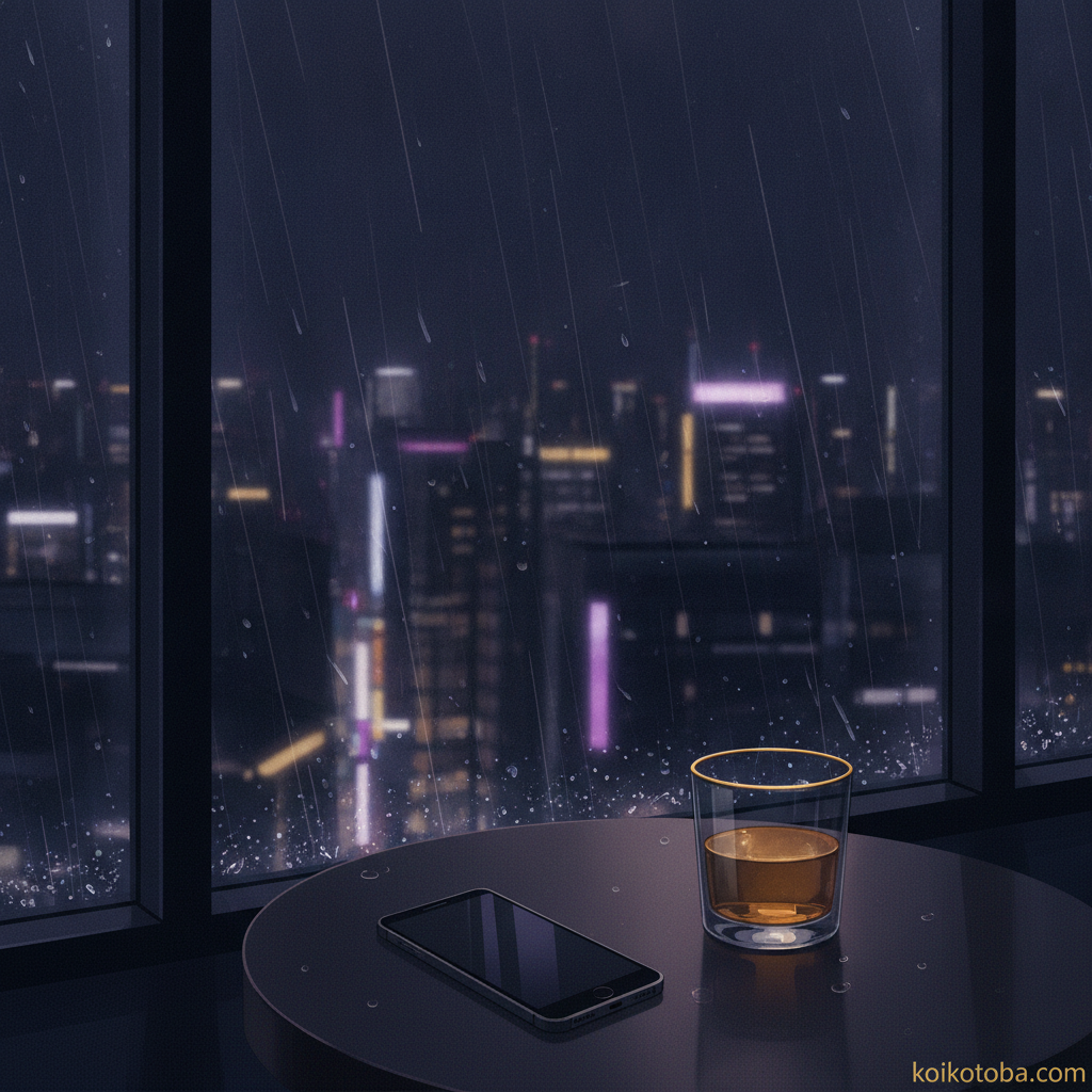 夜景が見える窓辺に置かれたスマートフォン、恋愛の悩みを抱える夜のイメージ