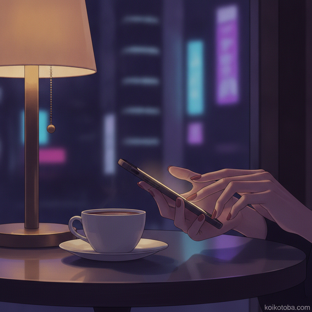 夜のカフェでスマートフォンに文章を入力する手元、AI相談のイメージ
