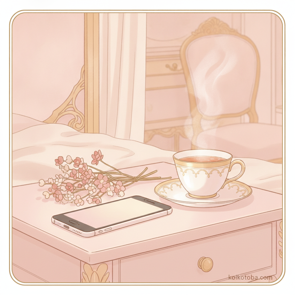 夜の部屋でやわらかく光るスマートフォンとドライフラワー