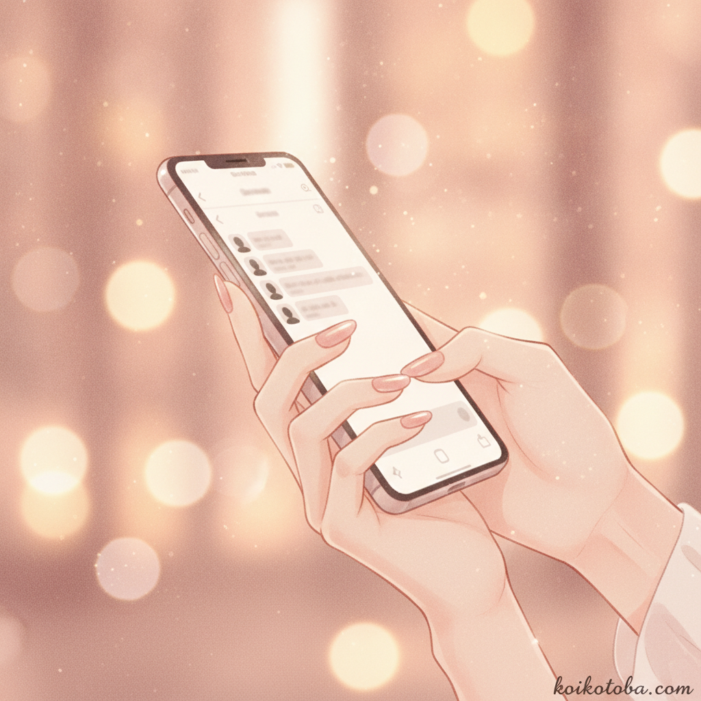 スマートフォンのチャット画面をのぞく女性の手