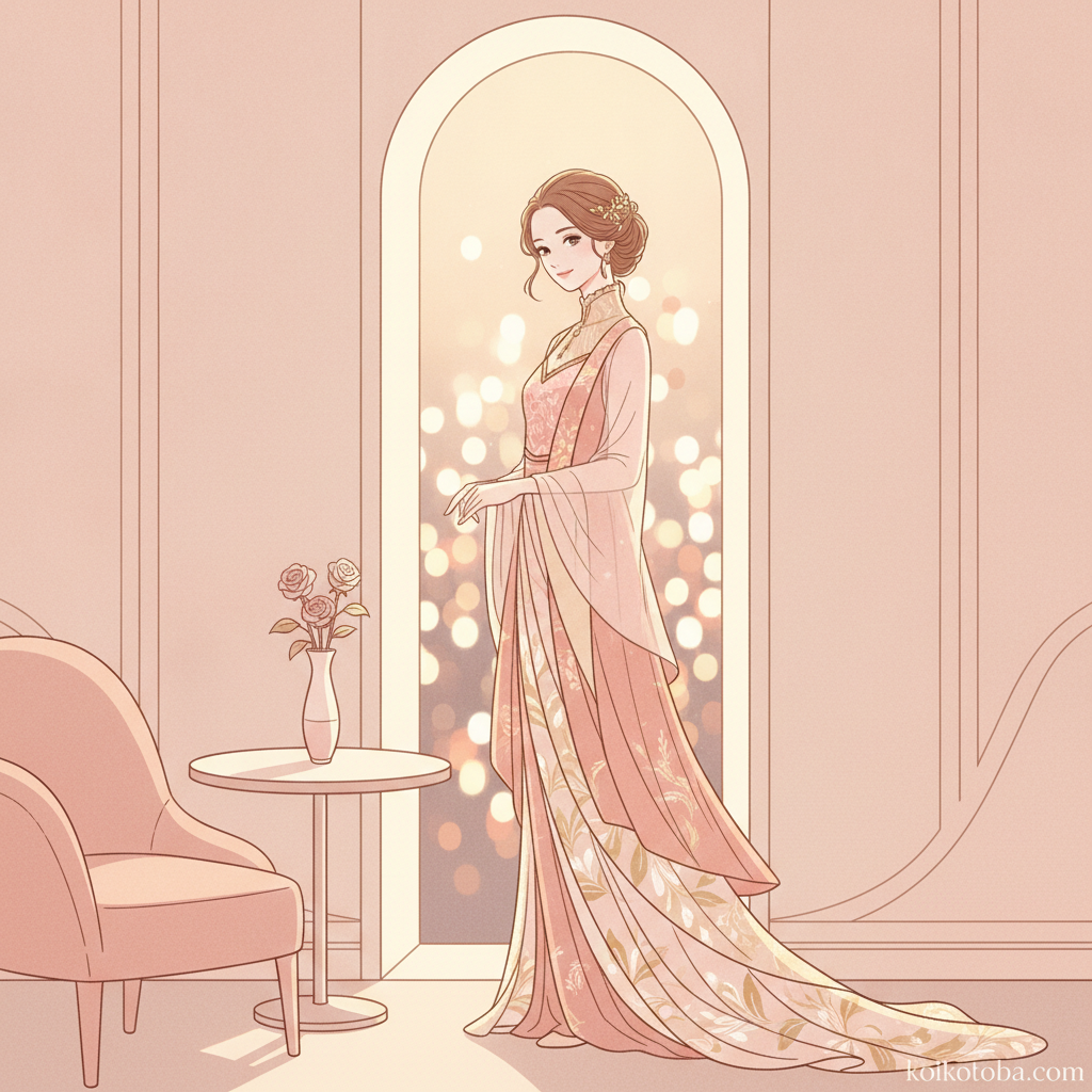 夜景を背に窓辺で微笑む女性のイラスト