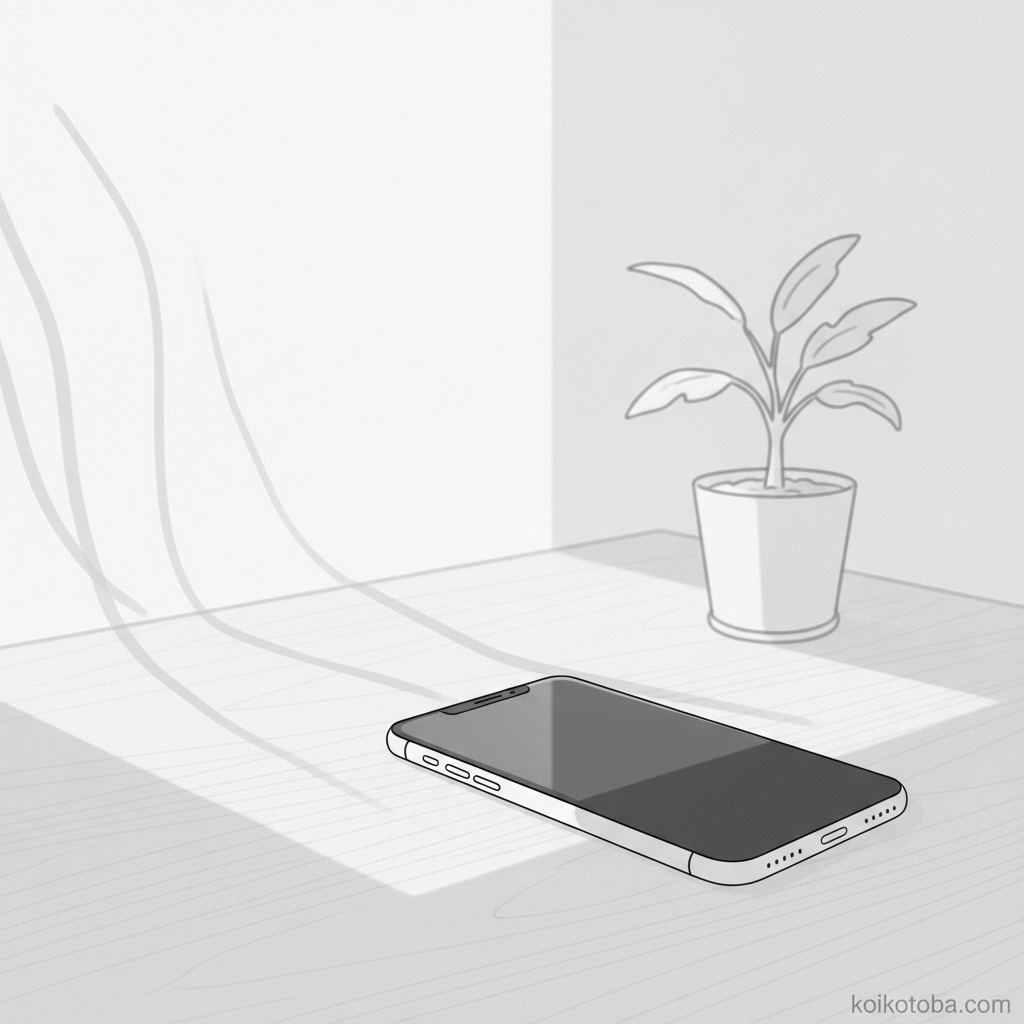窓際の机に置かれたスマートフォン、柔らかな朝の光