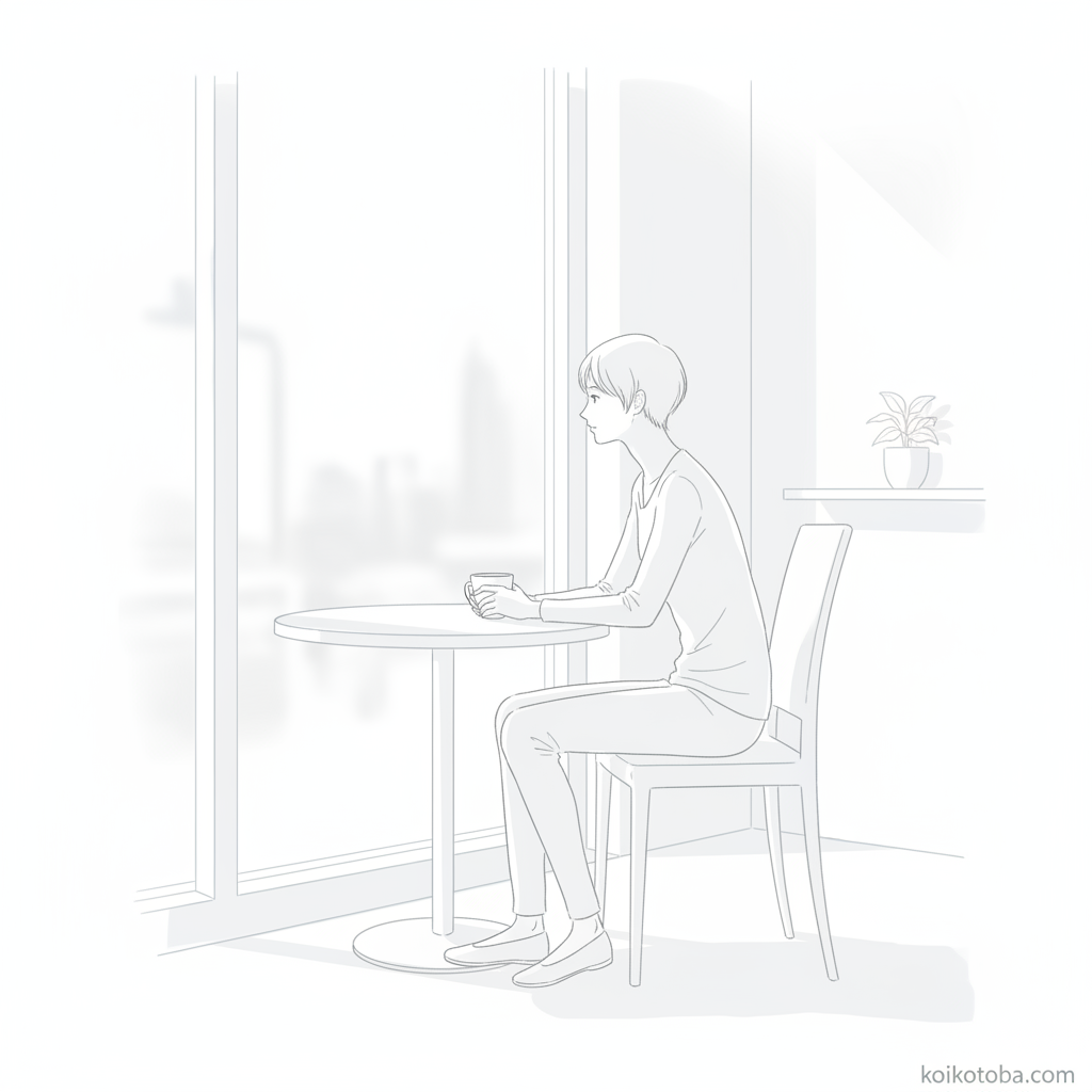 カフェの窓際でコーヒーを手に外を見つめる人物