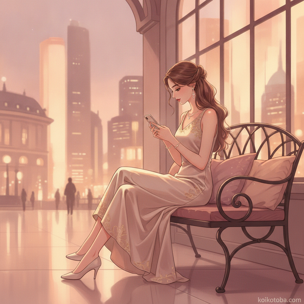夕暮れの駅近くのベンチでスマホを手にひとり座る女性のイラスト