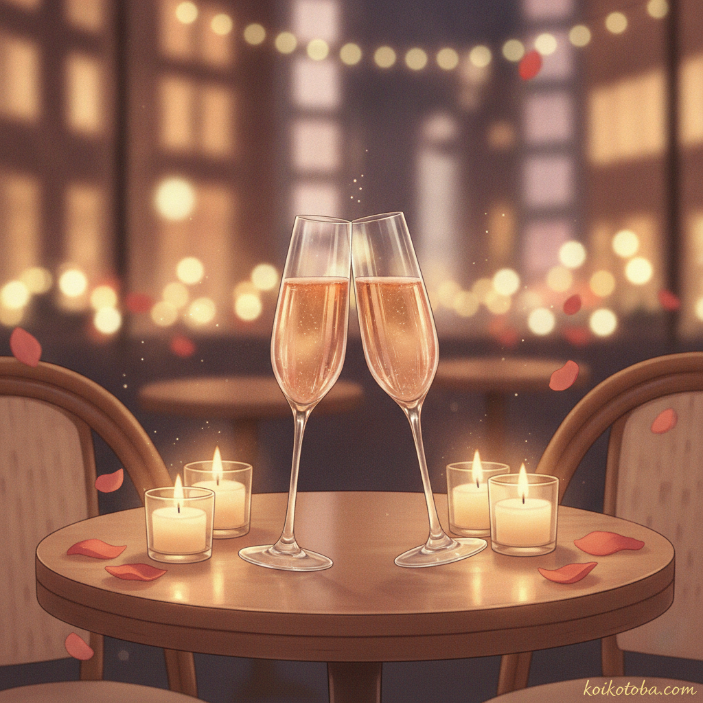 夜のカフェテーブルでゴールドのボケ光に包まれた2つのシャンパングラスのイラスト