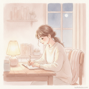 夜、手帳に明日の準備を書き留める女性のやわらかい水彩イラスト