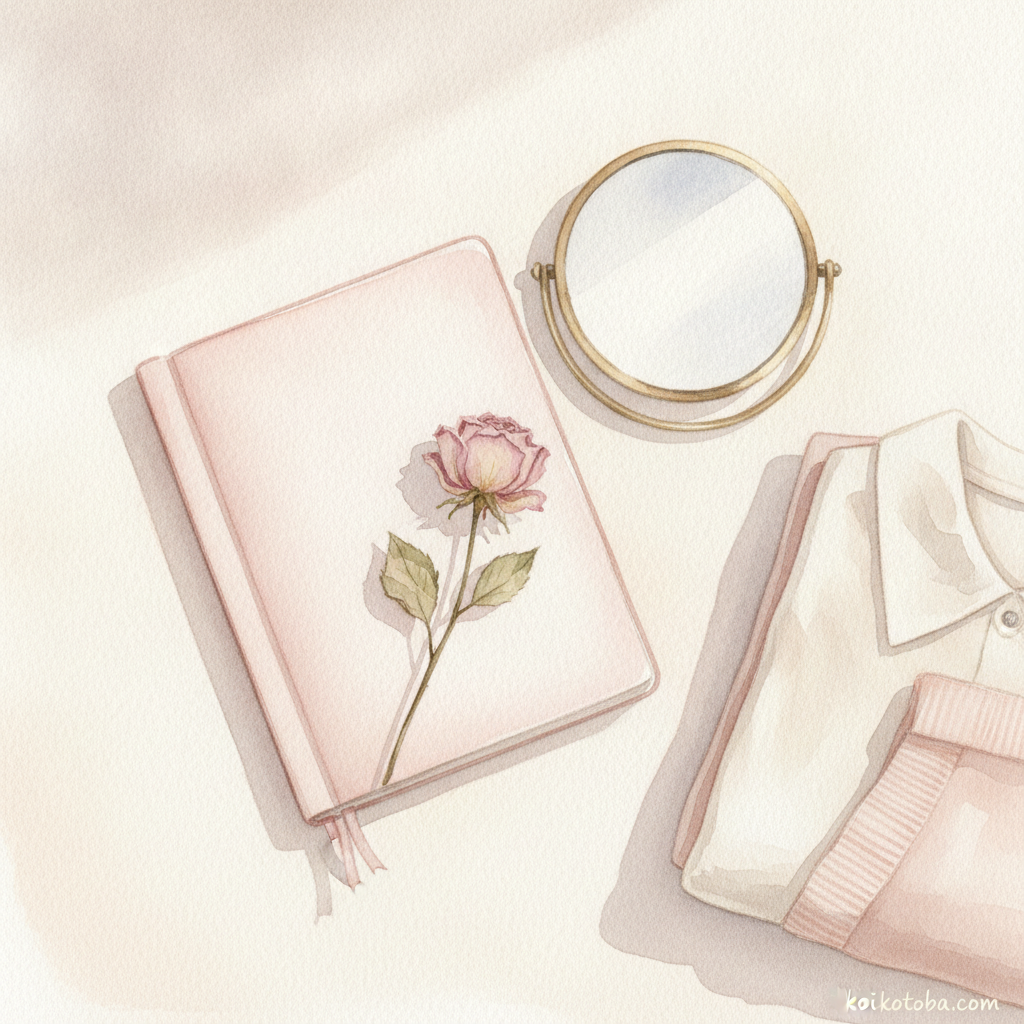 告白前日の準備を表す小物の水彩フラットレイイラスト