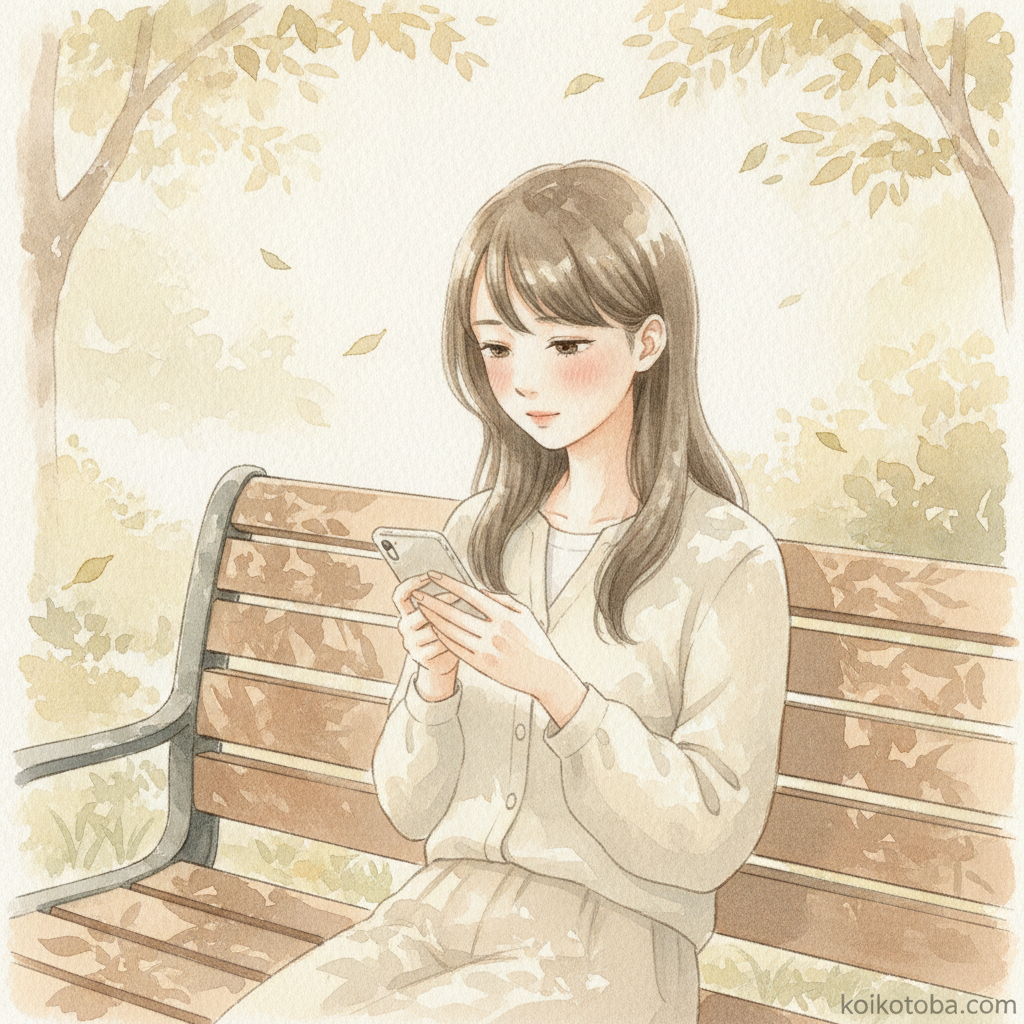 公園のベンチでスマートフォンを持ちながら頬を染めて下を向く女性のやさしい水彩イラスト