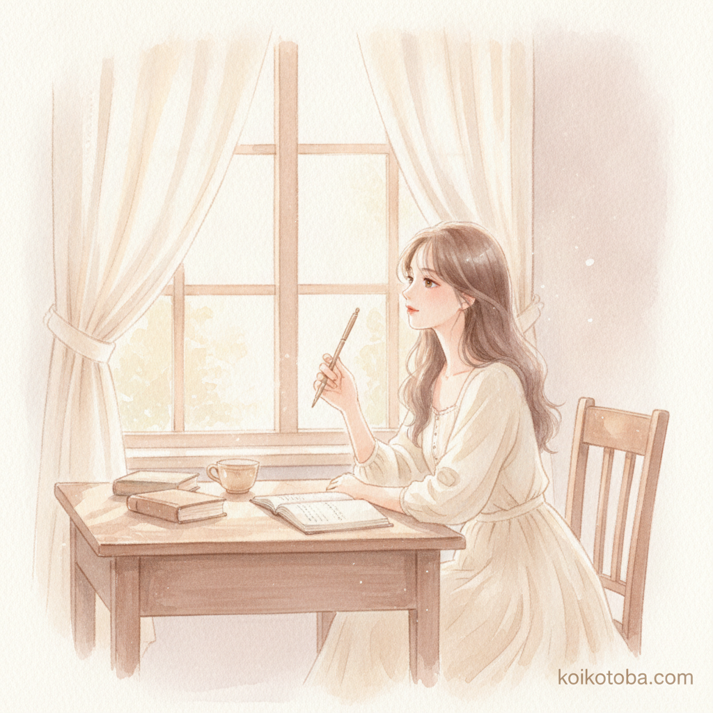 窓辺で物思いにふける女性のやわらかい水彩イラスト