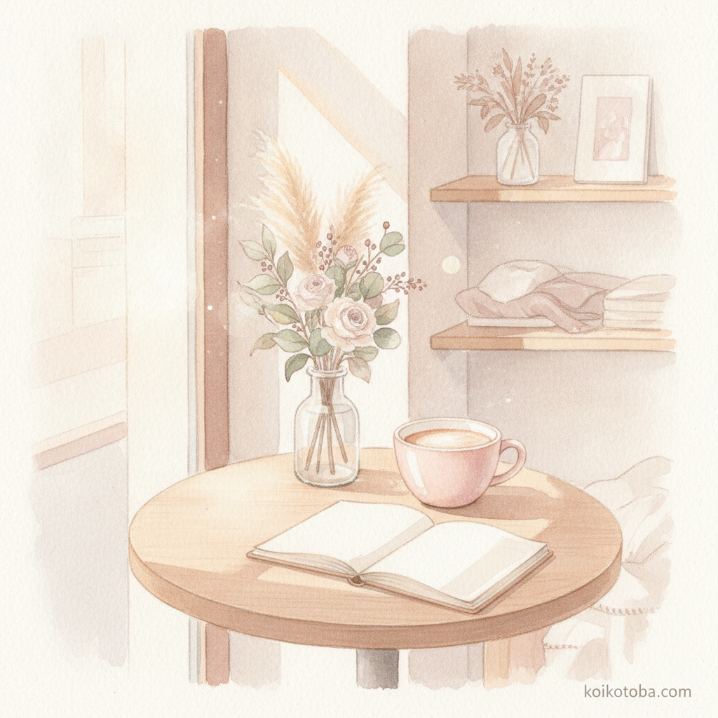 カフェの小物とやわらかい光の水彩風景イラスト