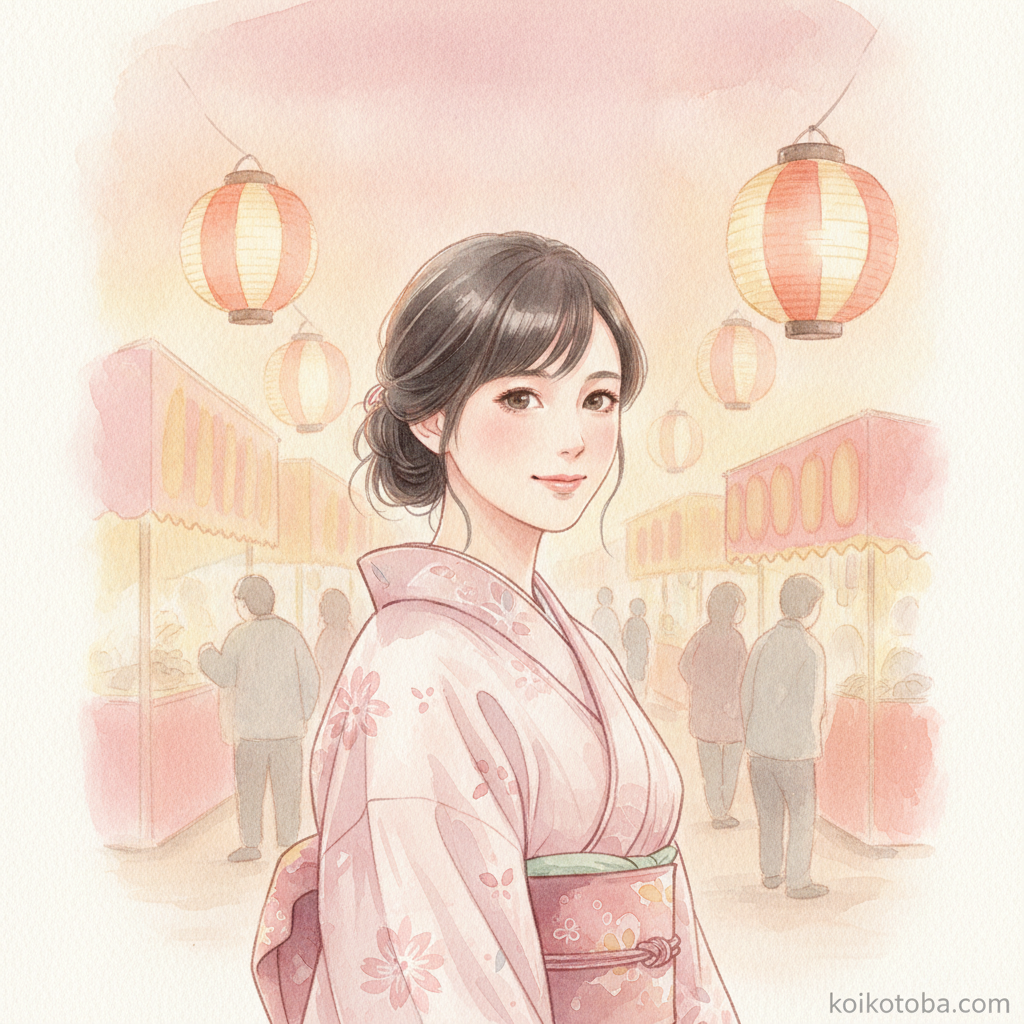 夏祭りの夕暮れに淡いピンクの浴衣を着てそっと微笑む女性