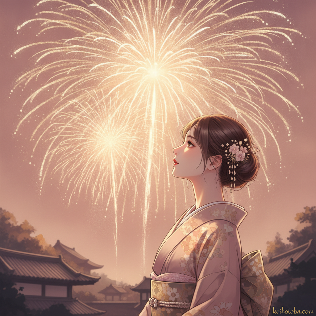 夜空の花火を見上げる浴衣の女性のイラスト