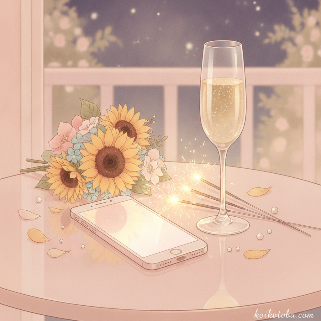 スマートフォンと夏の小物が並ぶテーブルのイラスト
