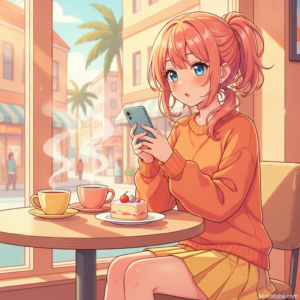 カフェでスマホを見ながら首をかしげる女の子のイラスト