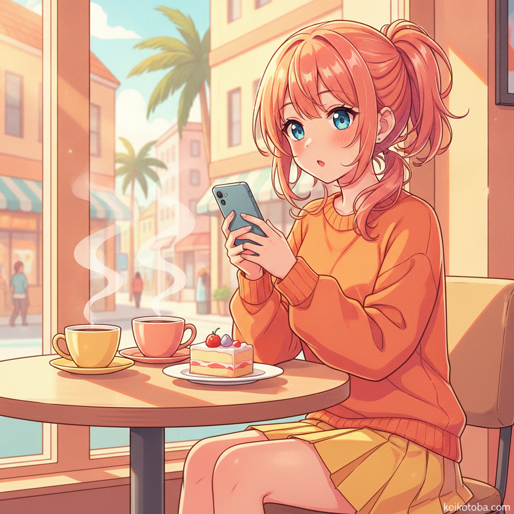 カフェでスマホを見ながら首をかしげる女の子のイラスト
