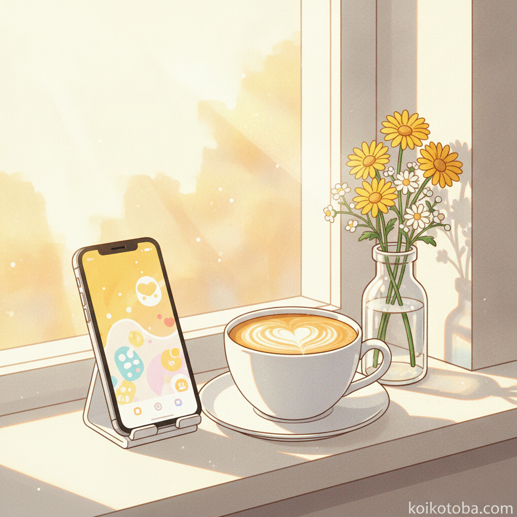 窓辺に置かれたスマートフォンとコーヒーカップの明るいイラスト