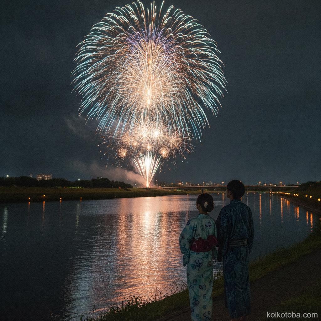 夏の夜空に打ち上がる花火を川岸から眺める浴衣の二人