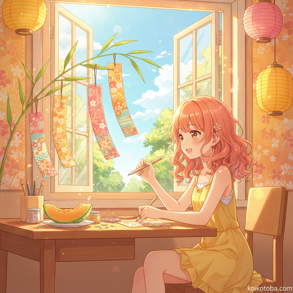 七夕の短冊に恋愛の願い事を書く女の子のイラスト