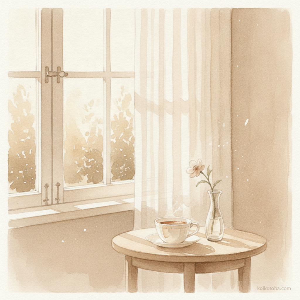 窓辺のコーヒーと花のある穏やかなテーブルの風景
