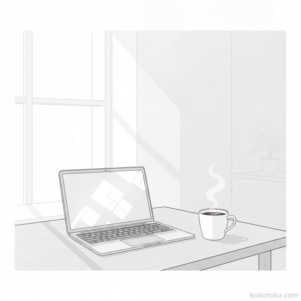 ラップトップとコーヒーが置かれた静かなデスクのミニマルなイラスト