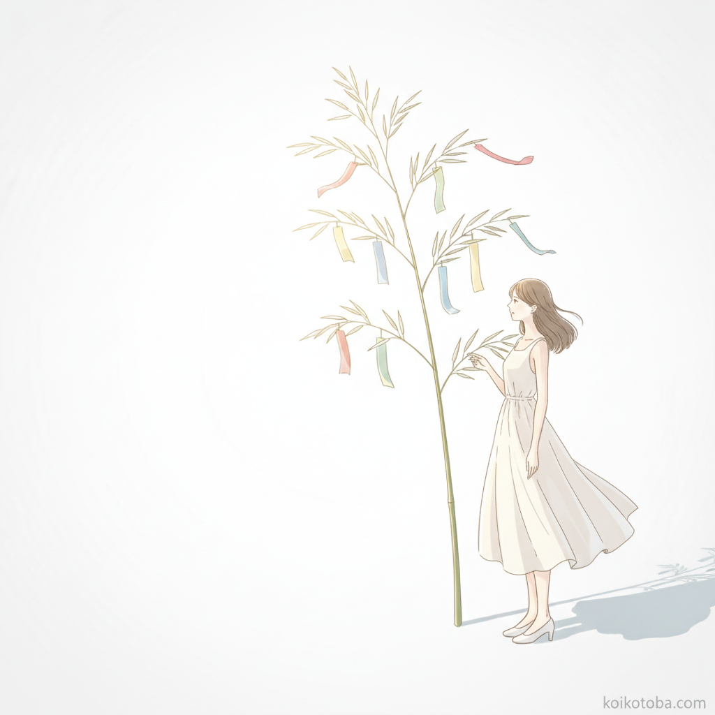 七夕の短冊飾りの前に立つ女性のイラスト