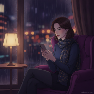 夜の窓辺でスマホを見つめる女性のイラスト