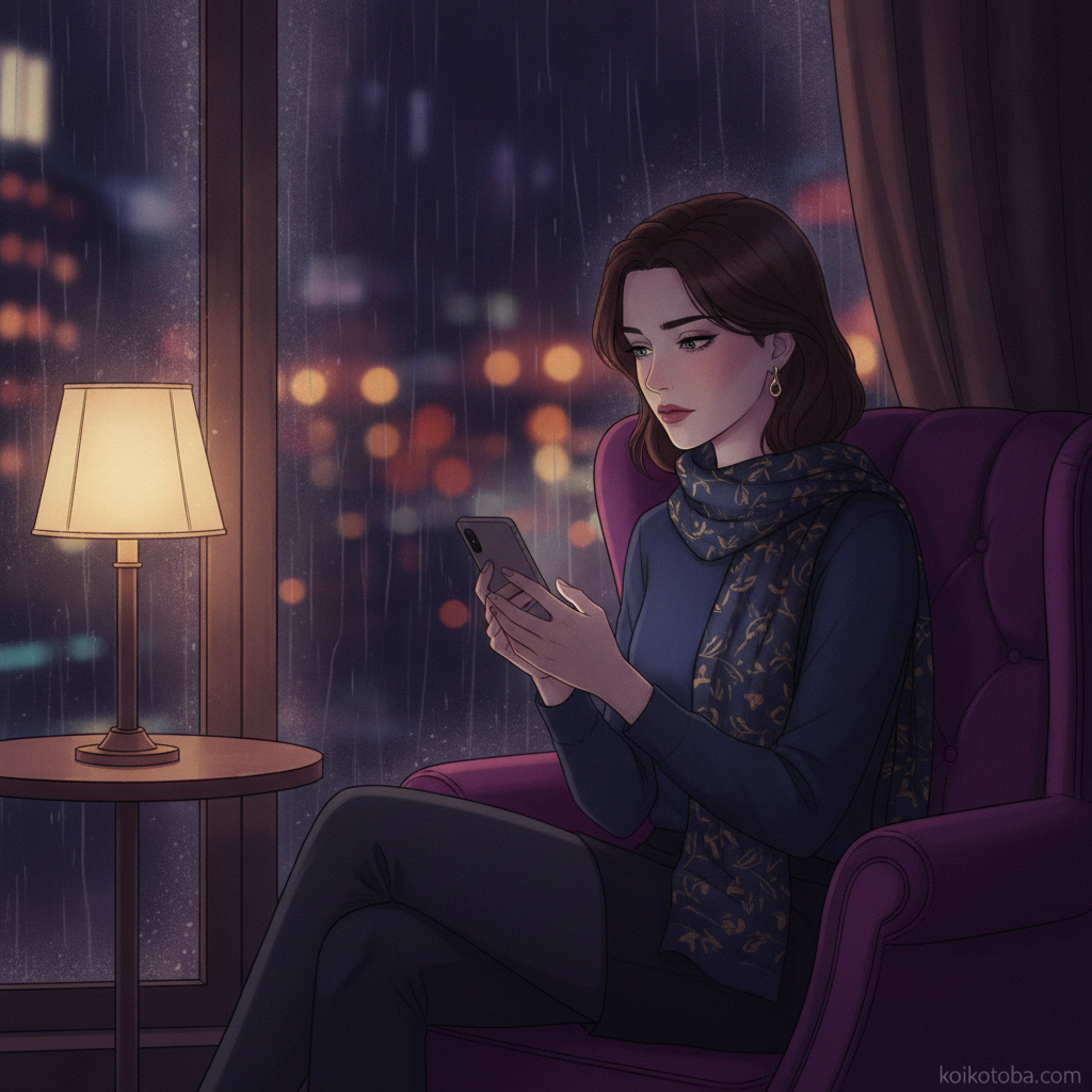 夜の窓辺でスマホを見つめる女性のイラスト