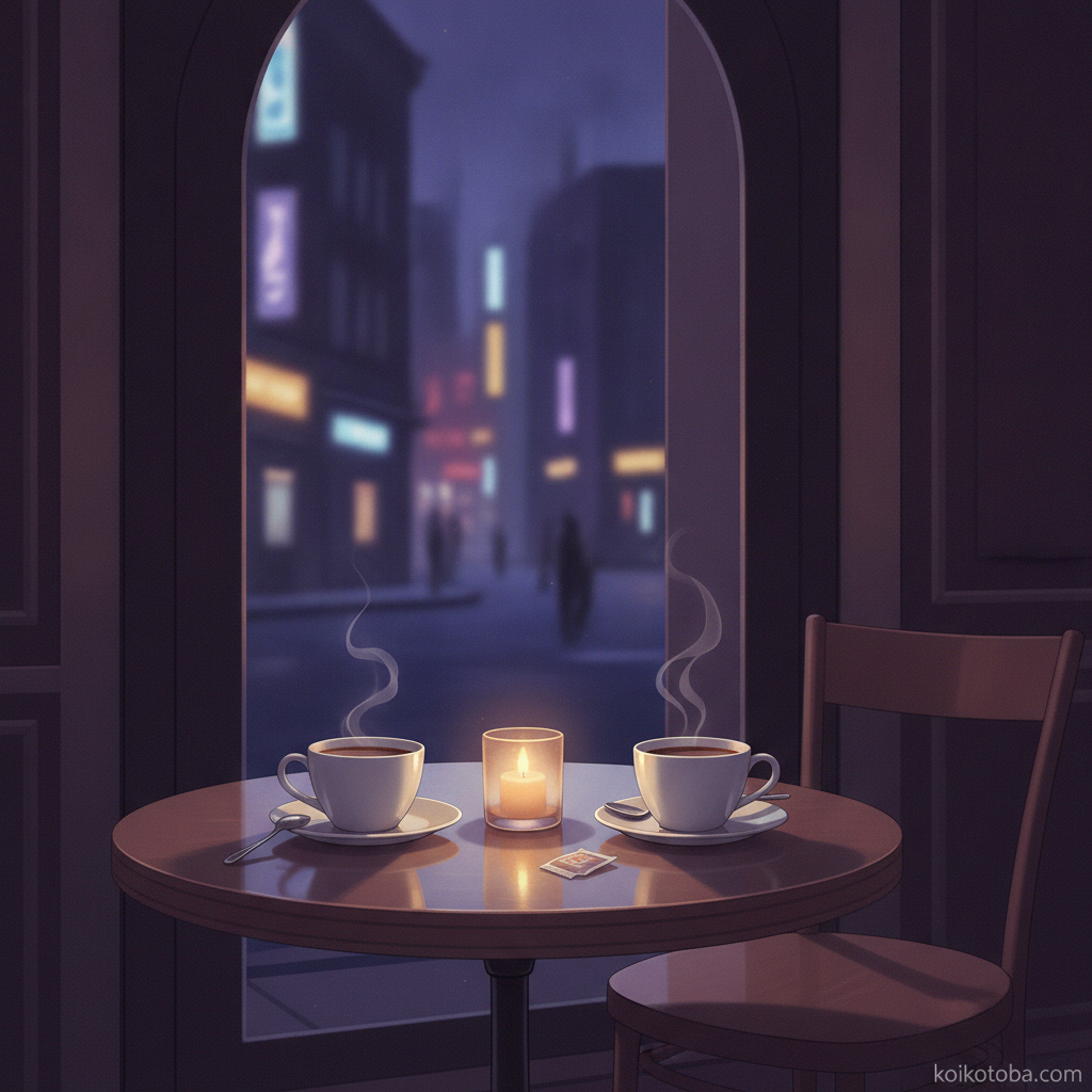 夕暮れのカフェテーブルに置かれた二つのコーヒーカップの静物イラスト