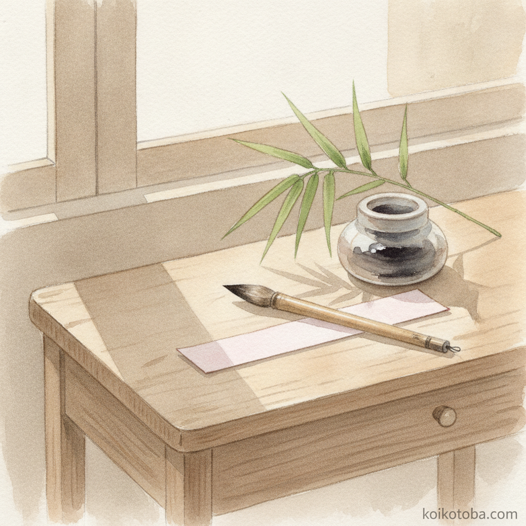 夕方の窓辺に置かれた短冊と筆の静物画風イメージ