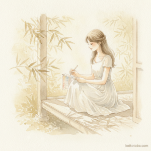 七夕の竹の葉のそばで短冊に願い事を書く女性のやわらかい水彩イラスト
