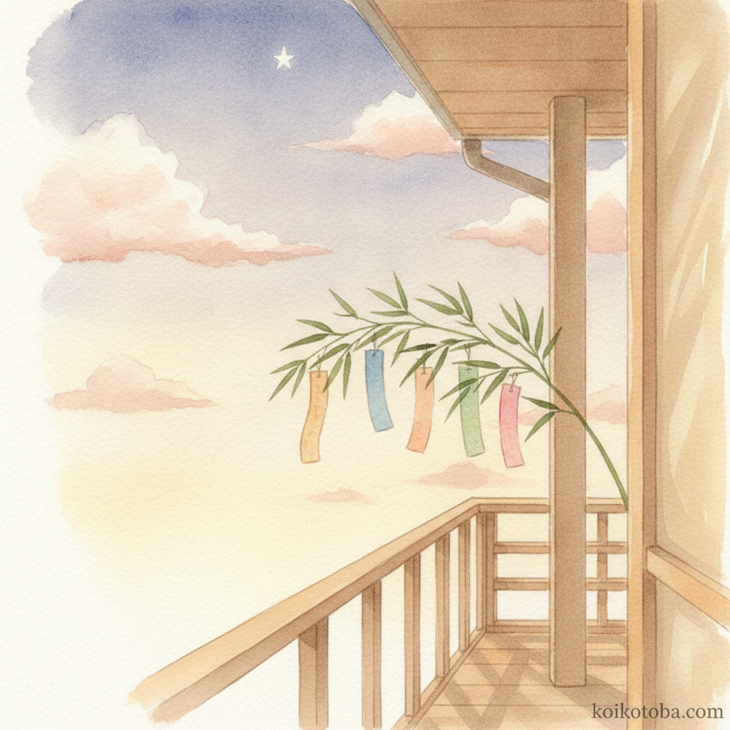 七夕の夕暮れ空に輝く星と竹に結ばれた短冊の水彩風景イラスト