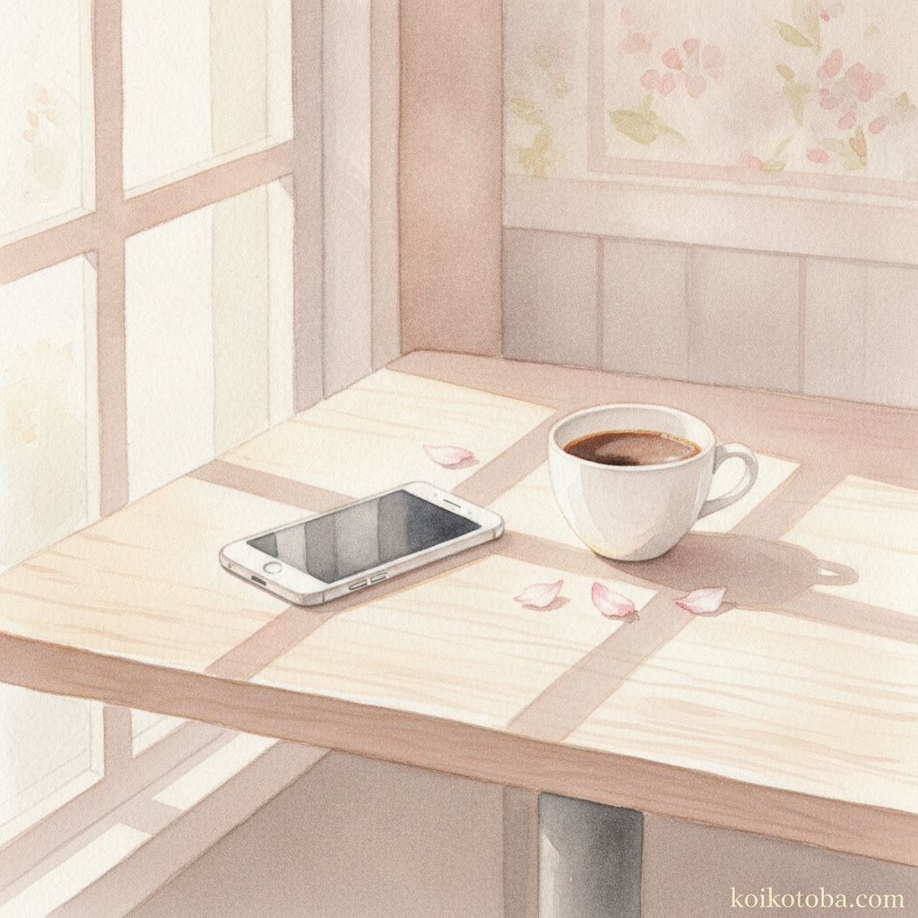 カフェのテーブルに置かれたスマホとコーヒー、春の柔らかい光の情景
