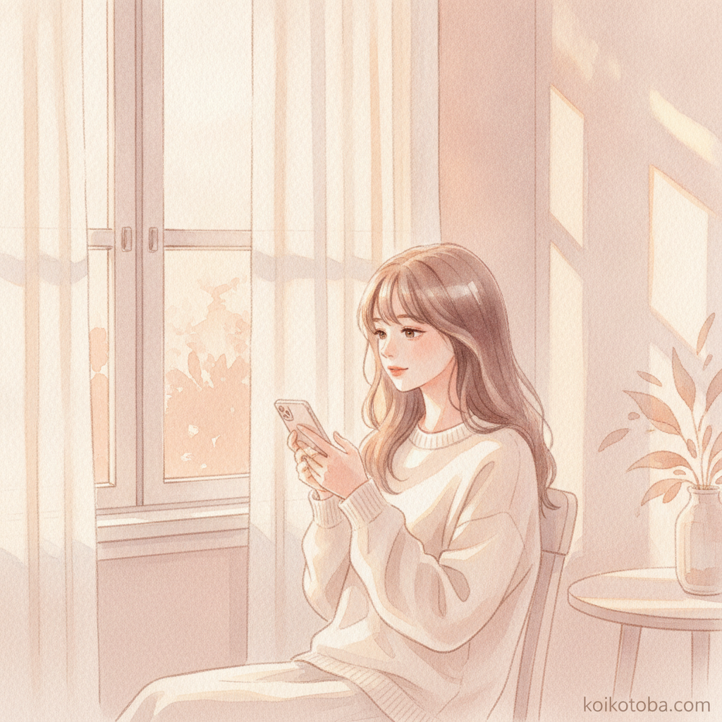 夕暮れの窓辺でスマホをそっと持ち、画面を見つめる女性の水彩イラスト