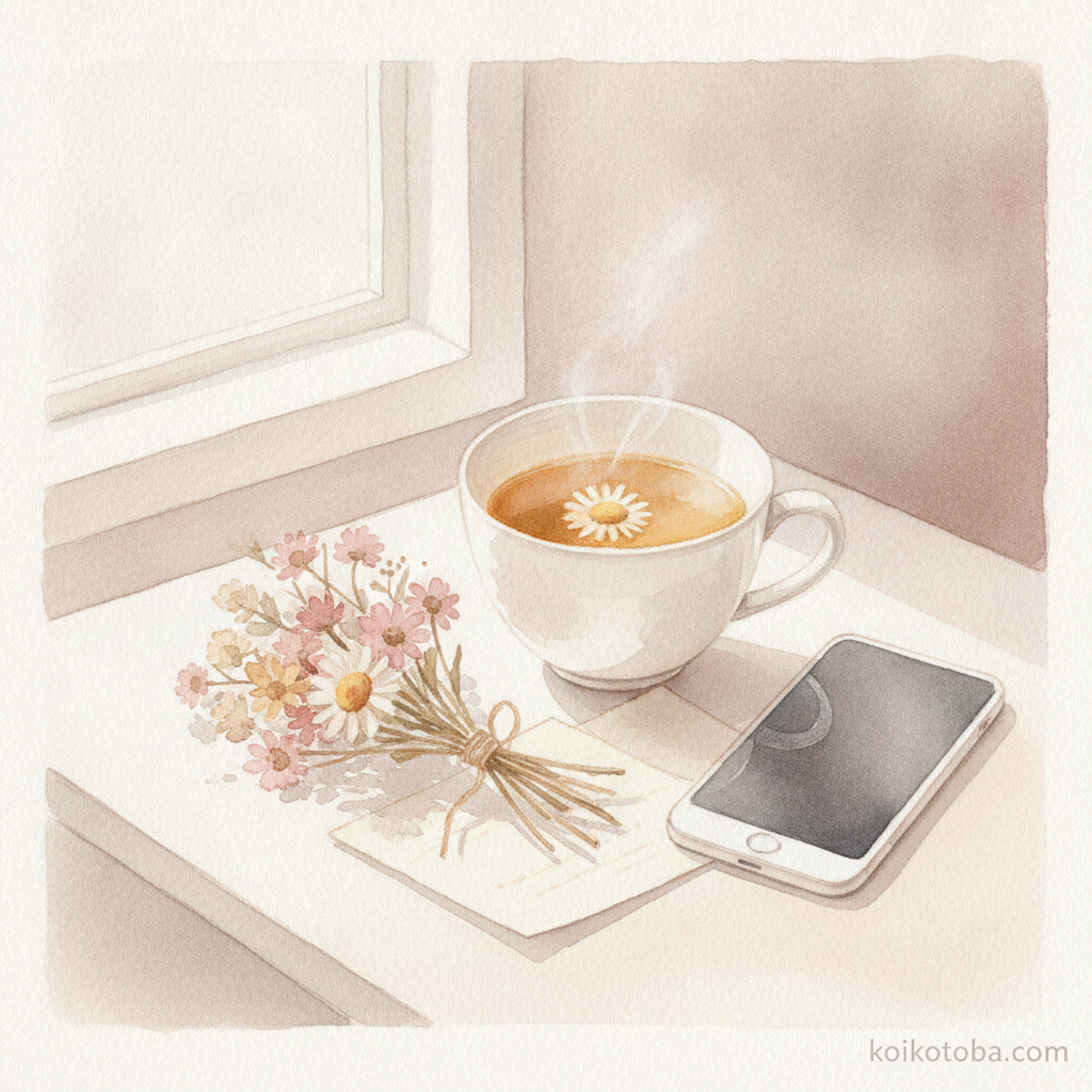 カモミールティーとドライフラワーとスマホが並ぶ温かみのあるテーブルの水彩イラスト