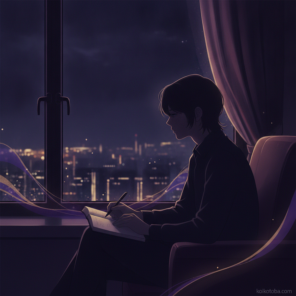 夜景の見える窓際でノートに向き合う人物のシルエット
