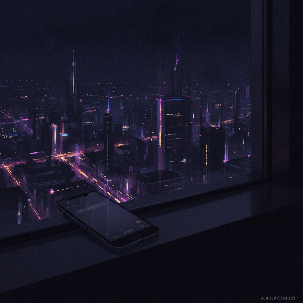 夜景を背景に窓辺に置かれたスマートフォン、未送信のメッセージと蛙化現象のイメージ