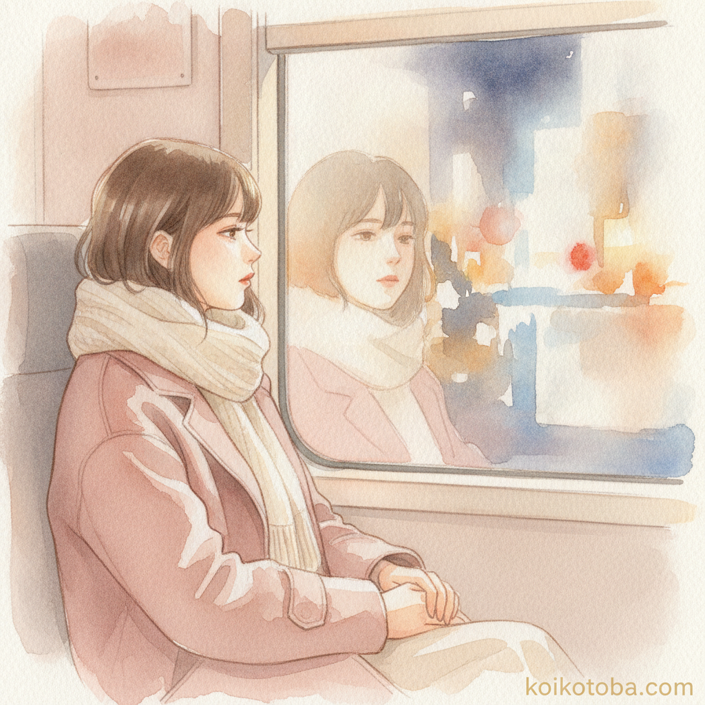 夜の電車で一人座る女性の横顔