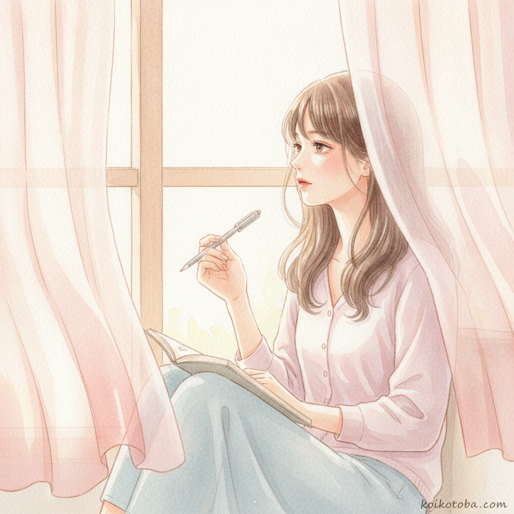 窓辺でノートを持ちながら遠くを見つめる女性のやわらかいイラスト。倦怠期で気持ちを整理しようとしている情景。