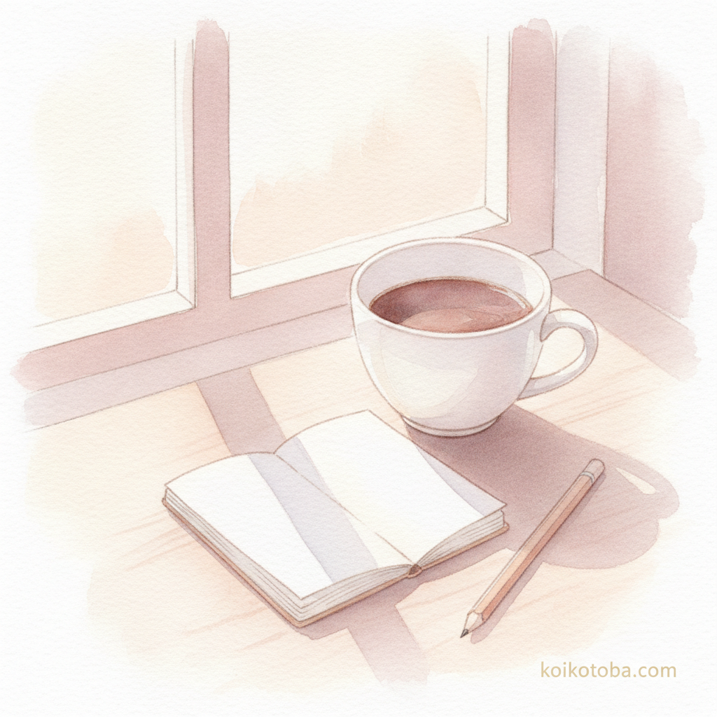 コーヒーカップとメモ帳が並ぶテーブルの水彩イラスト。倦怠期に自分の気持ちを書き出して整理するイメージ。