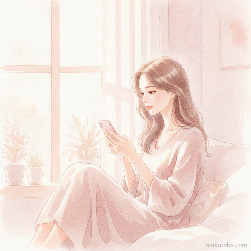 スマートフォンをそっと見つめる女性の水彩イラスト・好きバレを意識したやわらかな雰囲気