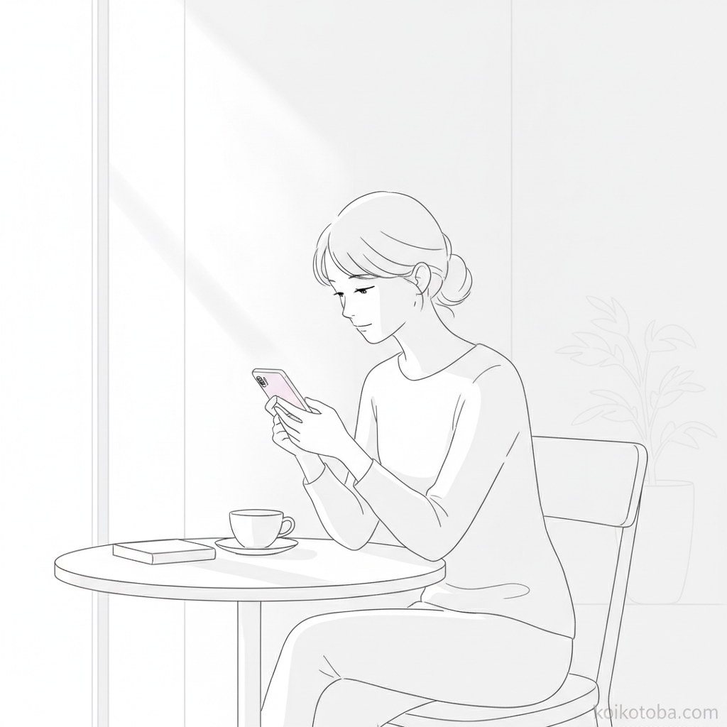 カフェでスマートフォンを見つめて物思いにふける女性のイラスト
