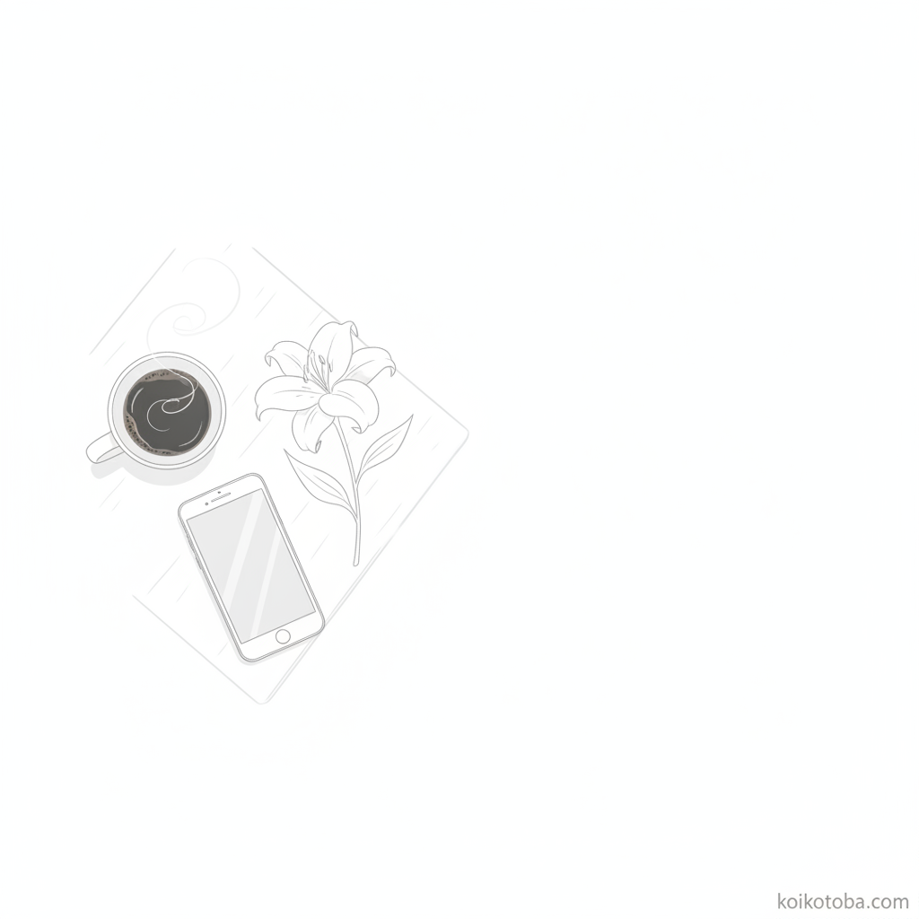 テーブルに置かれたスマートフォンとコーヒーカップのミニマルなイラスト