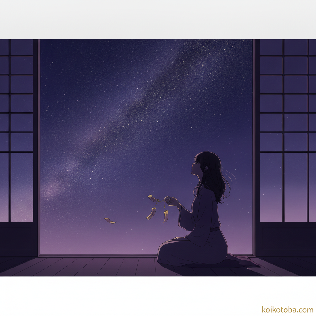 七夕の夜に星空を見上げながら短冊を持つ女性のシルエット