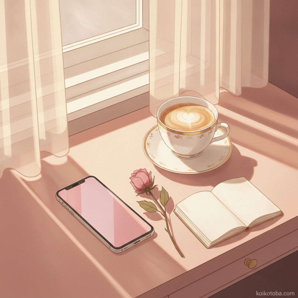 スマホとラテと手帳が並ぶピンク色のデスクの静物イラスト